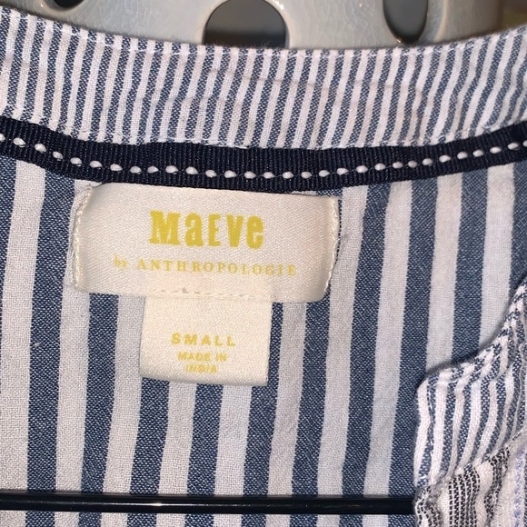 Anthropologie Maeve Blue Striped Patchwork Button Down 3/4 Top Small High Lo - Picture 4 of 9